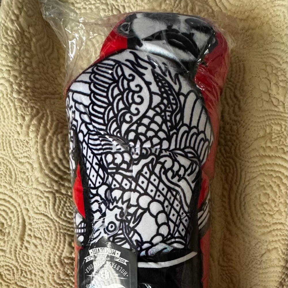 NWT Red/Black/White Liquorbrand Tattoo Man Bolster Pillow 17" x 4" Rockabilly